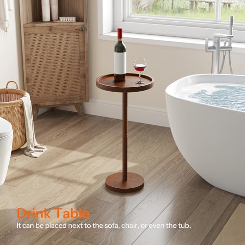 HOOBRO Small Round Side Table, Bamboo Drink Table, Coffee Martini Table with Pedestal Accent for Small Spaces in Living Room, Bedroom, Sofa Couch, Mocha MA235BZ01 - color: Mocha