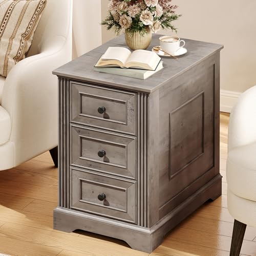 RALGEND Farmhouse End Table with 3 Drawers, Wooden Slim Nightstand, Narrow Sofa Side Table with Storage for Living Room, Bedroom, Study, Greige