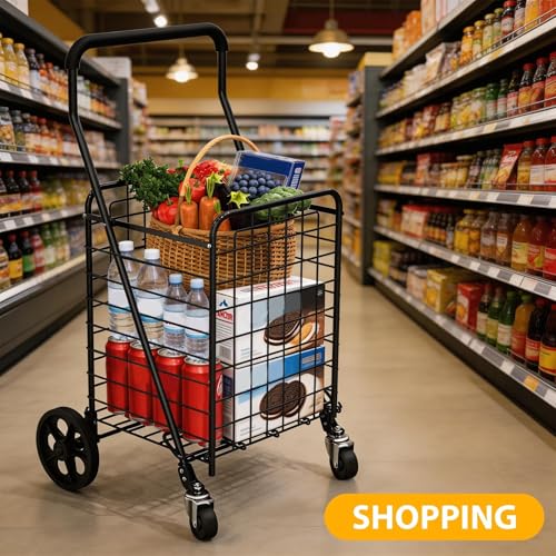 Kiffler Grocery Shopping Cart with 360° Rolling Swivel Wheels, 100LBS Utility Cart Easily Collapsible Cart Extended Foam Cover, Trolley for Laundry,Groceries,Travel Black (Medium) - size: Medium
