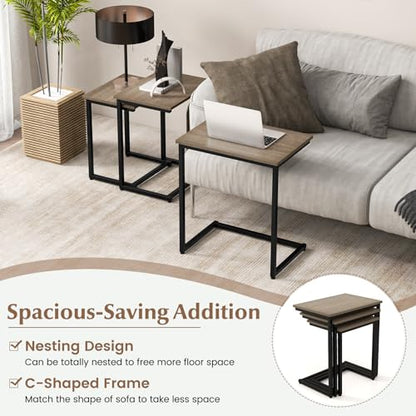Giantex Nesting Coffee Table Set of 3, Stackable Square End Table w/Wood Grain Tabletop & Heavy-Duty Metal Frame, Farmhouse C-Shaped Accent Table for Small Space, Living Room, Bedroom (Black Oak) - color: Black Oak
