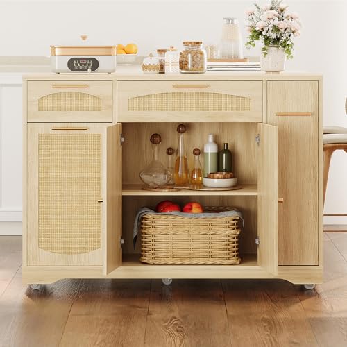 IDEALHOUSE 53.1" Rattan Kitchen Island with Storage, Rolling Dining Cart with Trash Storage Cabinet, Mobile Island Cart with Drop Leaf, Adjustable Shelves, Drawer, 5 Wheels (Natural) - color: Natural