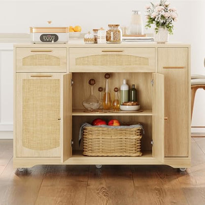 IDEALHOUSE 53.1" Rattan Kitchen Island with Storage, Rolling Dining Cart with Trash Storage Cabinet, Mobile Island Cart with Drop Leaf, Adjustable Shelves, Drawer, 5 Wheels (Natural) - color: Natural