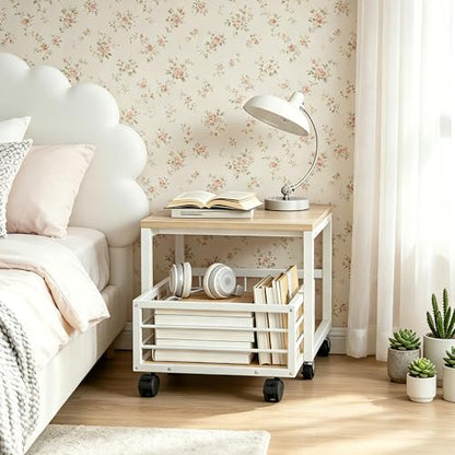 HOOBRO End Table, Mini Fridge Stand with Storage, Mini Fridge Table with Wheels and Adjustable Feet, Sturdy Metal Frame, for Living Room, Bedroom, Office, White and Natural WN155TL01 - color: White + Natural