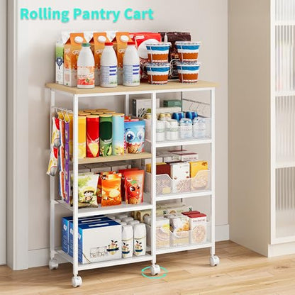 HapiRm Rolling Kitchen Carts with Storage - Microwave Table Stand with 6 Hooks & 3 Baskets, kitchen Island Cart on Lockable Wheels, 28.3" L × 14.6" W Bakers Rack Cart for Dining Room Coffee Bar Office - color: White