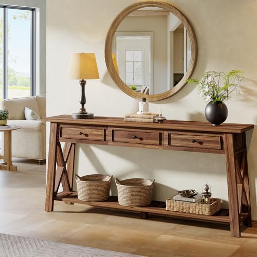 Tribesigns Console Table with 3 Storage Drawers, 70.87 Inches Extra Long Sofa Table Behind Couch with Bottom Shelf, Farmhouse Wooden Entryway Hallway Foyer Table for Living Room, Entrance (Walnut) - color: Walnut