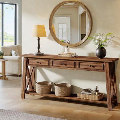 Tribesigns Console Table with 3 Storage Drawers, 70.87 Inches Extra Long Sofa Table Behind Couch with Bottom Shelf, Farmhouse Wooden Entryway Hallway Foyer Table for Living Room, Entrance (Walnut) - color: Walnut