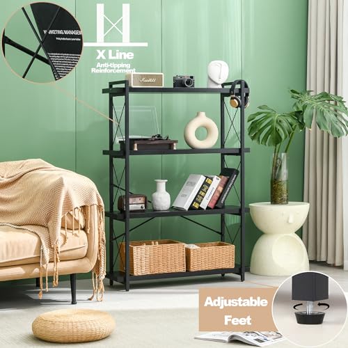 HCHQHS Bookshelf, 4-Tier Industrial Bookcase, Black Open Book Shelf, Freestanding Tall Bookshelves with Metal Frame - color: Ebony Black, size: 4-Tier (35.8"W x 51.2"H)