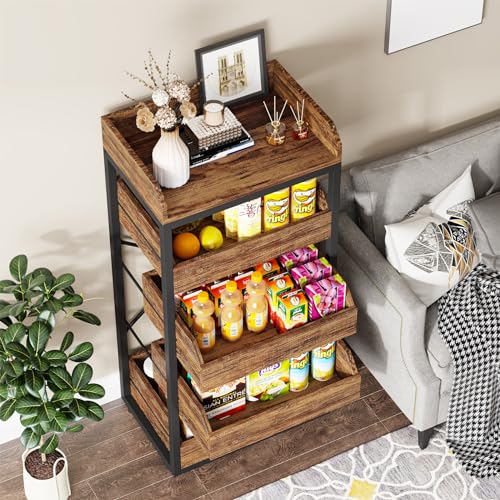 LITTLE TREE 5-Tier Wood Fruit Vegetable Storage Basket Stand, Pull-Out Snack Stand Fruit Basket Stand, Utility Shelf Organizer for Kitchen, Living Room, Bedroom, Rustic Brown