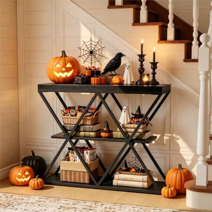 Garvee 3 Tier Console Table,39" Industrial Entryway Table,Open Wood Shelves | Sofa Table,Narrow Wood Accent Tables with Metal Frame for Hallway,Living Room,Behind Couch,Foyer,Entrance,Black - color: Black + X-shaped