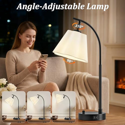 GyroVu Table Lamp Set of 2, Bedside Table Lamp with USB C+A Ports, Stepless Dimmable Nightstand Lamp, Small Cute Bedroom Lamps, Flower Lamp for Bedroom, Living Room, Home Office(Bulbs Included, Black) - color: white shade & black base