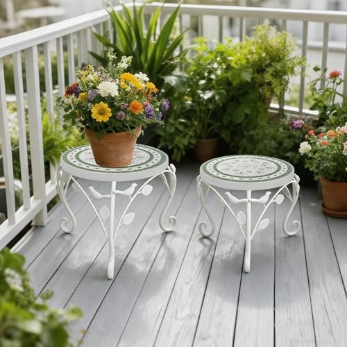 Set of 2 Plant Stand for Indoor Outdoor, Heavy Duty Cast Iron with 10" Ceramic Tile Top Plant Table, Tall Vintage Decorative Plant Rack, Mosaic Flower Pot Holder for Home Garden Porch Yard Patio - color: Pink Flower