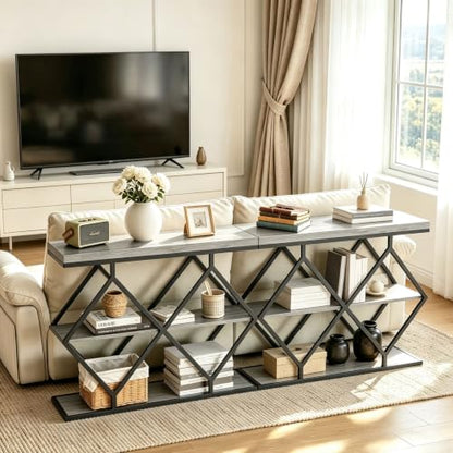 Garvee 3 Tier Console Table,39" Industrial Entryway Table,Open Wood Shelves | Sofa Table,Narrow Wood Accent Tables with Metal Frame for Hallway,Living Room,Behind Couch,Foyer,Entrance,Gray - color: Gray + Diamond-shaped