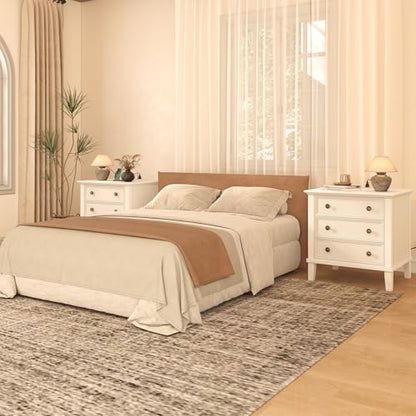IKENO Solid Wood Nightstand with 3 Drawers, Tall Leg Bedside Table with Charging Station, Farmhouse Night Stand with Wood Slide Rail, Anti-Scratch Foot Pads for Bedroom，White - color: White