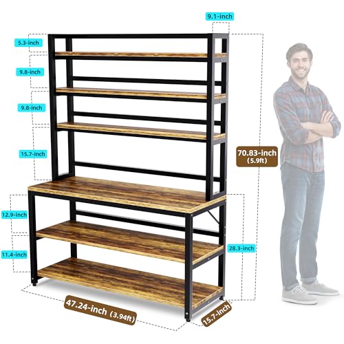 Aquzee Bakers Racks for Kitchens with Storage, 6 Tiers Large(47.2“W x 15.7”D x 70.8" H) Kitchen Stand with Hutch, Freestanding Organizer with Shelves,Rustic Brown - color: Rustic Brown Board + Black Frame