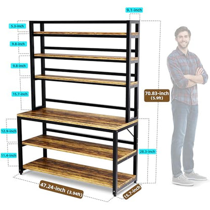 Aquzee Bakers Racks for Kitchens with Storage, 6 Tiers Large(47.2“W x 15.7”D x 70.8" H) Kitchen Stand with Hutch, Freestanding Organizer with Shelves,Rustic Brown - color: Rustic Brown Board + Black Frame