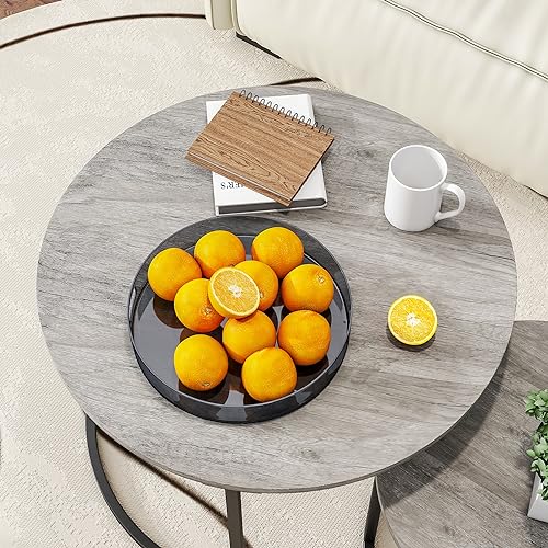 HOJINLINERO Round Nesting Coffee Tables Set of 2,Black+Warm Grey,Large | Center Tables for Living Room,Bedroom,Office,Home Small Space,Stacking Side Tables,Sturdy and Easy Assembly,Wood Desktop - color: Grey, size: Large