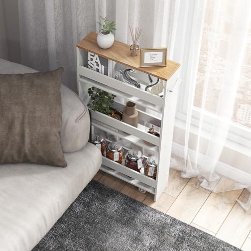 4-Tier Slim Rolling Storage Cart, Wooden Kitchen Utility Cart with Wheels & Handle, Space Saving Trolley, Slide Out Shelving Unit for Narrow Spaces, Laundry, Bathroom (White + Natural) - color: White + Natural