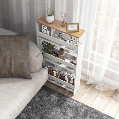 4-Tier Slim Rolling Storage Cart, Wooden Kitchen Utility Cart with Wheels & Handle, Space Saving Trolley, Slide Out Shelving Unit for Narrow Spaces, Laundry, Bathroom (White + Natural) - color: White + Natural