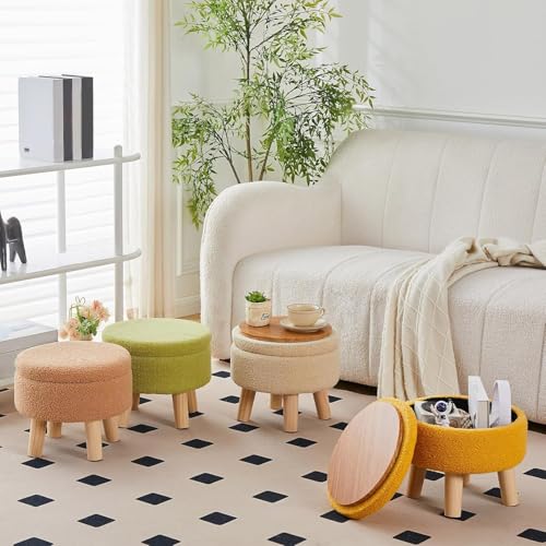 Wimarsbon Storage Ottoman, Modern Round Footrest with Soft Padded Seat, Teddy Velvet Footstool with Wood Legs, Accent Small Table or Plant Stand for Hallway, Living Room (Brilliant Yellow) - color: Brilliant Yellow