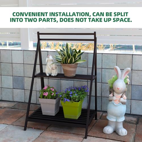 Hanging Plant Stand Folding Plant Stand 2 Tier Ladder Shelf with Hanging Rod Height Adjustable Flower Pot Display Organizer for Balcony Porch Living Room