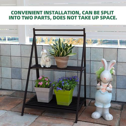 Hanging Plant Stand Folding Plant Stand 2 Tier Ladder Shelf with Hanging Rod Height Adjustable Flower Pot Display Organizer for Balcony Porch Living Room