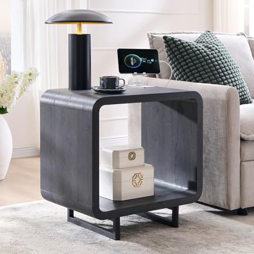 IFGET 23.6" Modern End Table, 2 Tier Side Table with Charging Station, Simple Bedside Table with Open Storage Shelf, Outlet, Wooden Nightstand for Bedroom, Living Room, Study, Easy Assembly, Dark Grey - color: Dark Grey, size: 1 Piece