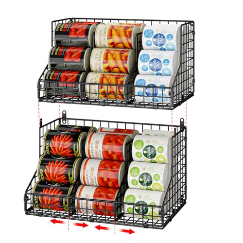 JKsmart 2 Pack Stackable Can Rack Organizer for Pantry Storage,Can Dispensers with 4 Adjustable Dividers, 2-Tier Metal Wire Basket Beverage Pop Soda Rack for Kitchen Cabinet Pantry, Black - size: L-(2 pack)