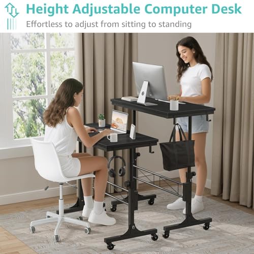 WINAZ Small Portable Rolling Standing Desk - 32 Inch Adjustable Height Mobile Teacher Podium on Wheels for Classroom, Stand Up Desks for Treadmill Walking Pad, Couch Sofa Side Laptop Table, Black - color: Black