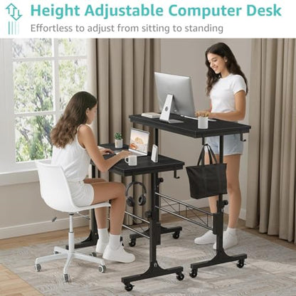 WINAZ Small Portable Rolling Standing Desk - 32 Inch Adjustable Height Mobile Teacher Podium on Wheels for Classroom, Stand Up Desks for Treadmill Walking Pad, Couch Sofa Side Laptop Table, Black - color: Black