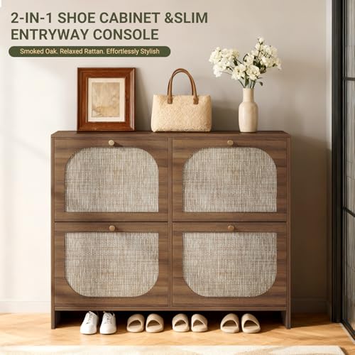 Nicetree Freestanding Ultra Slim Fluted Accent Shoe Storage Cabinet for Entryway - 4 Flip Drawers & 3-Tier Adjustable Shelves, Farmhouse Modern Rustic Shoe Rack for Hallway, Foyer, Living Room - color: Smoked Oak