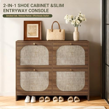 Nicetree Freestanding Ultra Slim Fluted Accent Shoe Storage Cabinet for Entryway - 4 Flip Drawers & 3-Tier Adjustable Shelves, Farmhouse Modern Rustic Shoe Rack for Hallway, Foyer, Living Room - color: Smoked Oak