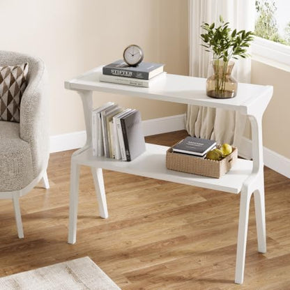 Tribesigns 2-Tier Solid Wood Side Table, Modern White End Table with Storage Shelves, Tall Slim Side Table for Couch with Unique Legs, Long Bedside Table for Bedroom, Living Room - color: White