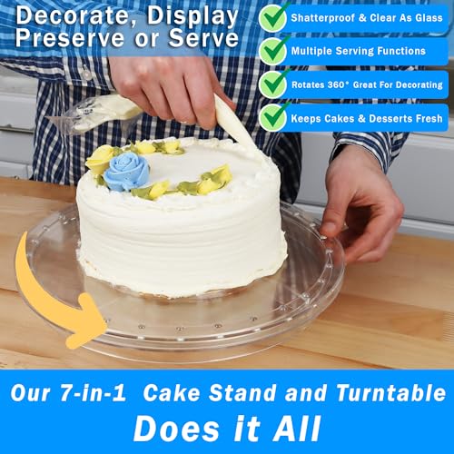 7in1 Rotating Multifunctional Acrylic Cake Stand with Lid & Cake Turntable | 12" Cake Turntable for Decorating Kit Serving Salad Bowl/Veggie Platter/Punch Bowl/Desert Platter - BPA Free - style: Multifunctional Cake Stand & Turntable