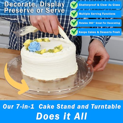 7in1 Rotating Multifunctional Acrylic Cake Stand with Lid & Cake Turntable | 12" Cake Turntable for Decorating Kit Serving Salad Bowl/Veggie Platter/Punch Bowl/Desert Platter - BPA Free - style: Multifunctional Cake Stand & Turntable