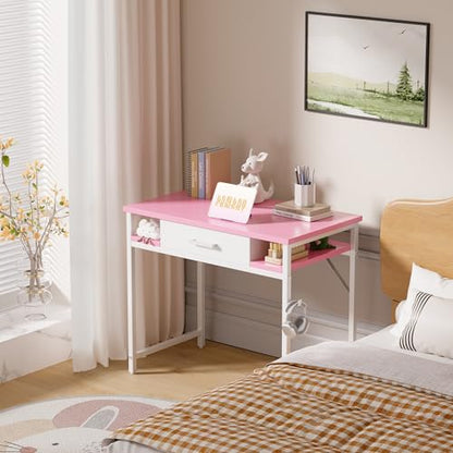 Pamray 32 Inch Small Computer Desk with Drawers for Bedroom Small Spaces | Compact, Sturdy, Easy Assembly, Mini, Suitable for Dorm and Apartment, Study and Writing - color: Pink