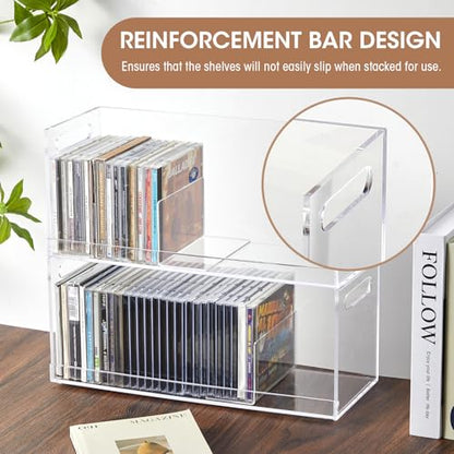 CroBlissful 2 Pcs Acrylic Cd Storage Box, Clear Acrylic Stackable Cd Holder Racks with Cutout Carrying Handles, Organizer Shelf for Media, Movie Cases, Dvds Organizer