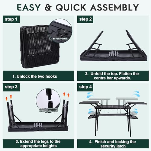 Nice C Camping Metal Table, Compact Outdoor Folding Tailgate Grill Table | Lightweight Fold-Up, 4 Side Tables, Mesh Net, BBQ, Camping, Picnic