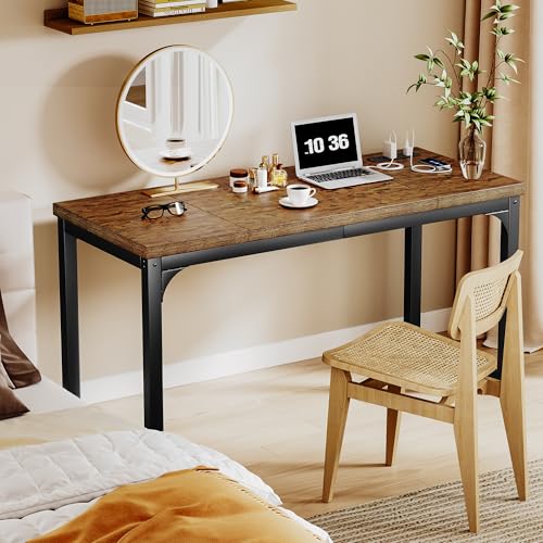 Computer Desk with Power Outlets, 55 Inch Large Home Office Desk with Deeper & Thicker Desktop Modern Gaming Desk Study Writing Work Desk, Metal Frame, Rustic Brown - size: 55 Inch