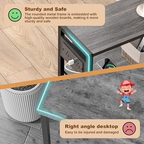 Small Narrow Side Table with Charging Station, Skinny End Table for Small Spaces, Slim Nightstand with Outlets, Sofa Bedside Table in Living Room, Bedroom, Study, Kitchen and Balcony(Grey) - color: Grey