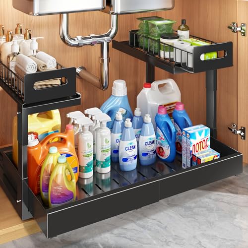 1 Pack Expandable Under Sink Organizers And Storage With Upgrade Ball-Bearing Slide Tracks,2-Tier Pull Out Under Cabinet Organizer Height Adjustable,Slide Out Under Sink Drawers-Black(Patent Pending) - color: Black, size: 1 Pack-15.3"-24.2"W