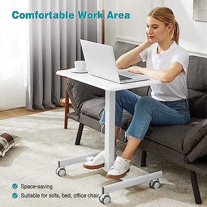 DUMOS Small Standing Desk with Wheels, Laptop Desk, 19 Inch | Portable Rolling Design, Adjustable Height Workstation, Home Office Mobile Station, White - color: Modern White