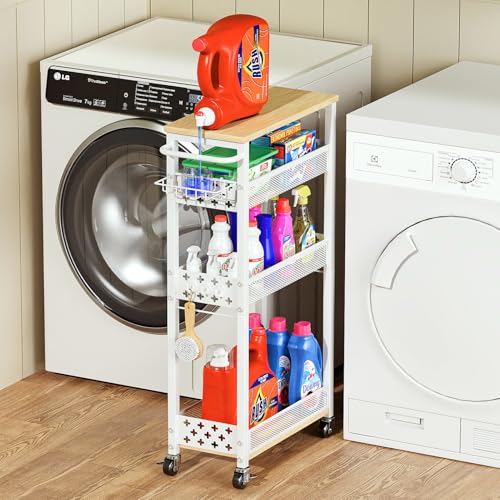 Utility Slim Storage Cart for Home Laundry Room, Bathroom, Kitchen | 4-Tier narrow rolling cart for small space, Holds tall bottles, Upgraded metal hub casters, Premium wood & metal mesh shelves