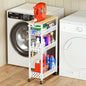 Utility Slim Storage Cart for Home Laundry Room, Bathroom, Kitchen | 4-Tier narrow rolling cart for small space, Holds tall bottles, Upgraded metal hub casters, Premium wood & metal mesh shelves