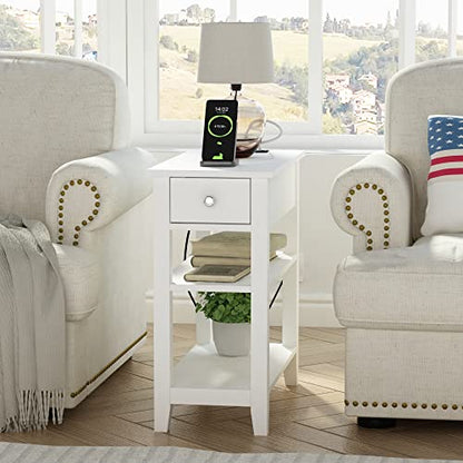 ChooChoo Narrow End Table with Charging Station, Side Table Living Room with USB Ports & Power Outlets and Hidden Drawer, 3-Tier Skinny Nightstand with 2 Open Storage Shelves for Small Place (White) - color: White