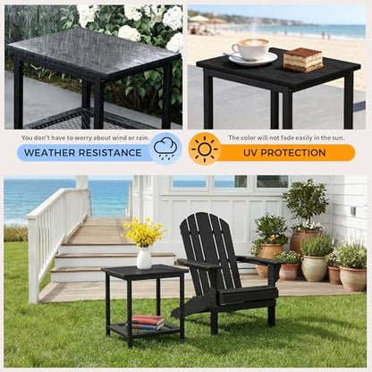 2-Tier Outdoor Side Table with Storage, Weather Resistant Patio End Table, HDPS Small Accent Table for Deck, Garden, Pool, Backyard, Black - color: Black