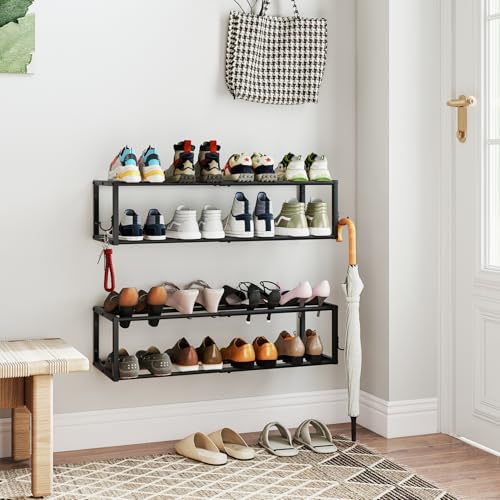 2 Pack 2-Tier Hanging Wall Mounted Shoe Rack, Space Saving Metal Expandable Shoe Rack Holds 12 Pairs, 16“-29” Adjustable Shoe Rack with 4 Hooks, Shoe Rack for Entryway Closet Door - size: 29.72" W x 11" L x 7.68" H
