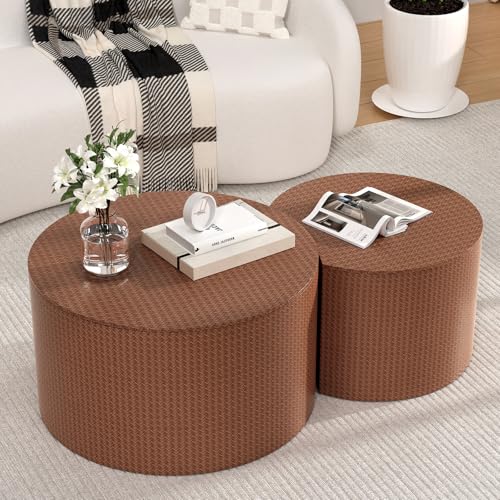 Round Nesting Coffee Table Set of 2 Modern Round Walnut Coffee Table Small Circular End Table Side Table Coffee Tables Circle Nested Coffee Tables for Living Room (Brown A Large) - color: Brown a Large