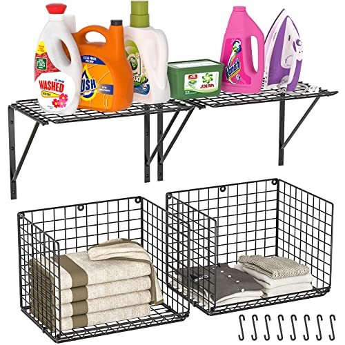 3IngSeagulls 2 Pack Laundry Room Shelves, Wire Baskets with 8 Hooks, Over Washer and Dryer Shelf, Wall Mounted Storage and Clothes Drying Rack, Black - color: Black
