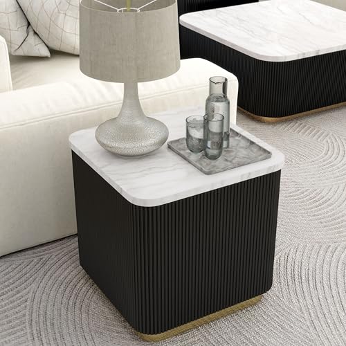 Furniture of America Beryl Modern Square White Genuine Marble Top End Table with Fluted Pedestal Base and Gold Stainless Steel Accent, Low Profile Table for Living Room, Home Office, Black - size: End Table, style: Square
