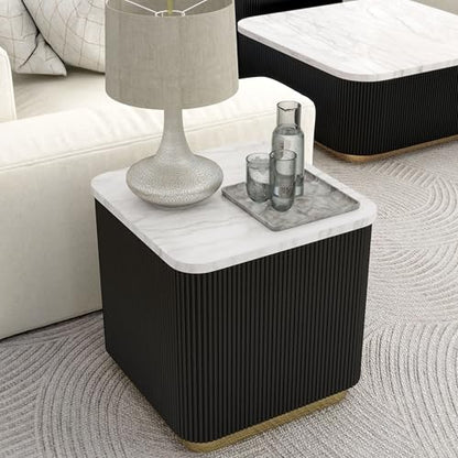 Furniture of America Beryl Modern Square White Genuine Marble Top End Table with Fluted Pedestal Base and Gold Stainless Steel Accent, Low Profile Table for Living Room, Home Office, Black - size: End Table, style: Square